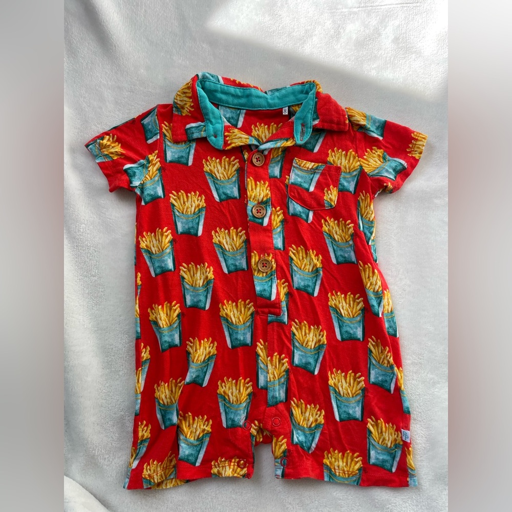 Posh Peanut French Fries Bamboo Shortie Romper with Collar and Button Front
